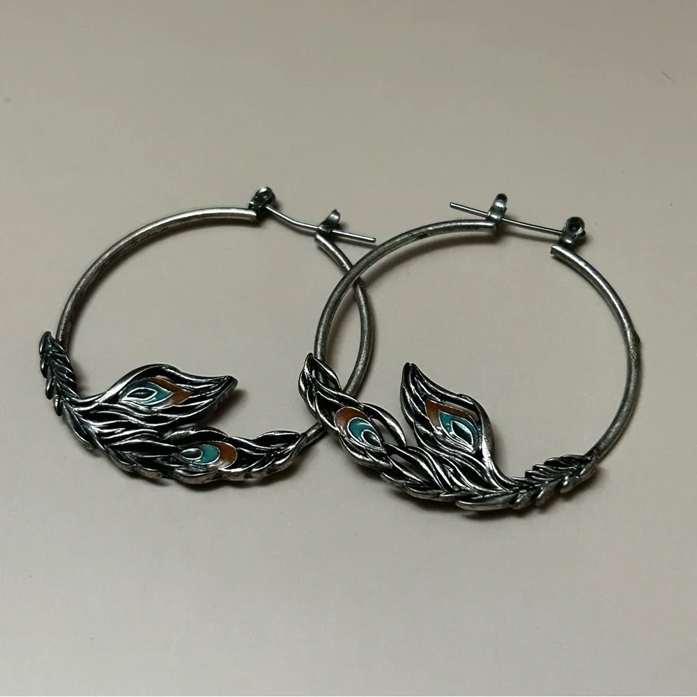 Vintage Silver Tone Peacock Feather Hoop Earrings